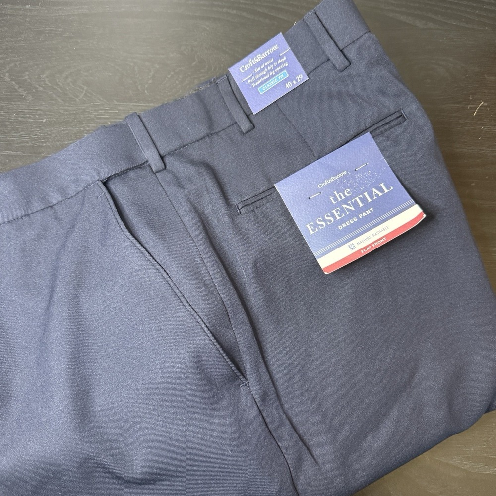 Croft Barrow Men Dress Pants Classic‎ Fit Flat Front 40x29 Admiral Navy Blue New